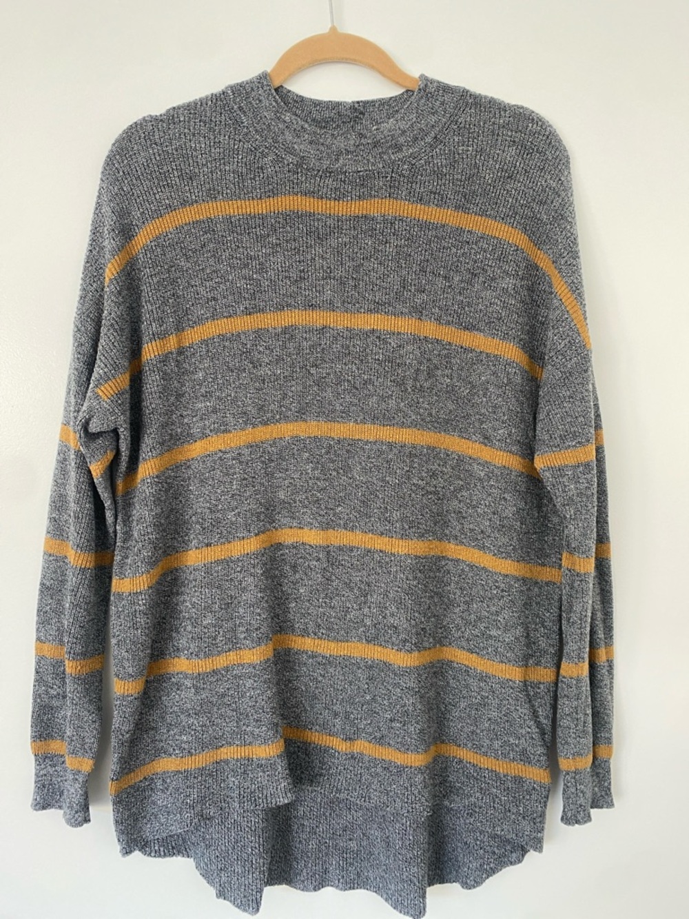 American Eagle Striped Gray and Mustard Crewneck Tunic Sweater